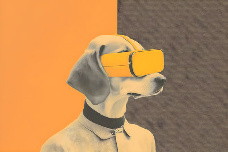 Dog wearing vr glasses, collage, minimalism, AI Generatedの素材