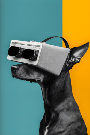 Dog wearing vr glasses, collage, minimalism, AI Generatedの素材