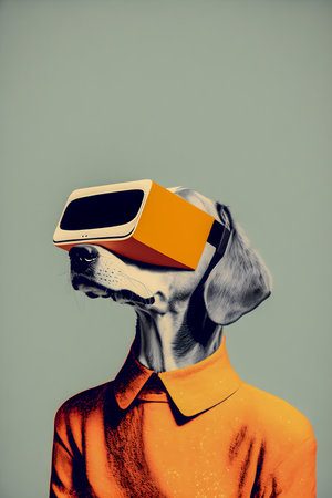 Dog wearing vr glasses, collage, minimalism, AI Generatedの素材