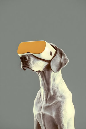 Dog wearing vr glasses, collage, minimalism, AI Generatedの素材