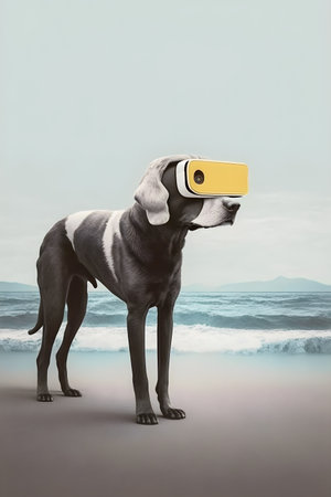 Dog wearing vr glasses, collage, minimalism, AI Generatedの素材