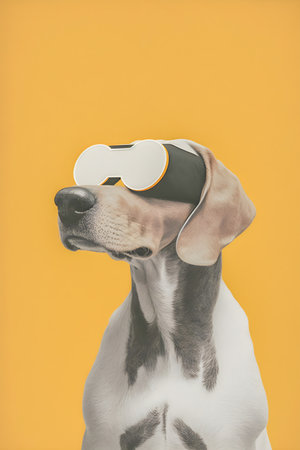 Dog wearing vr glasses, collage, minimalism, AI Generatedの素材