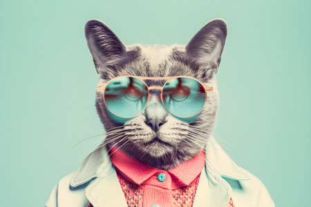 50s Vibes hipster cat portrait, retro halftone style illustration, AI Generatedの素材