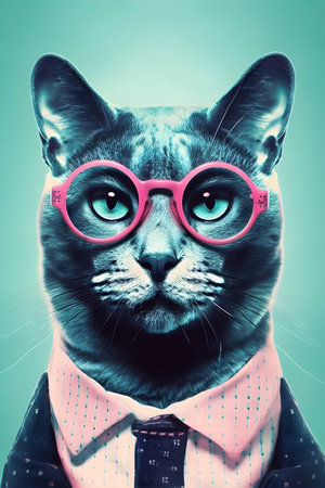 50s Vibes hipster cat portrait, retro halftone style illustration, AI Generatedの素材