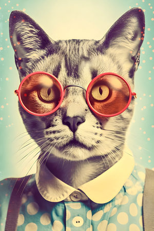 50s Vibes hipster cat portrait, retro halftone style illustration, AI Generatedの素材