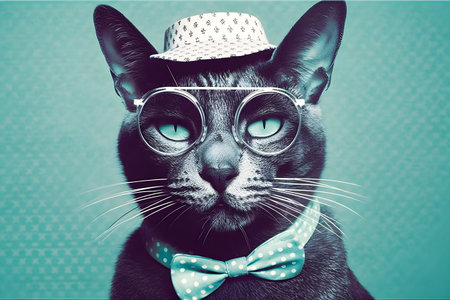 50s Vibes hipster cat portrait, retro halftone style illustration, AI Generatedの素材