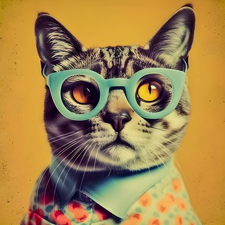 50s Vibes hipster cat portrait, retro halftone style illustration, AI Generatedの素材