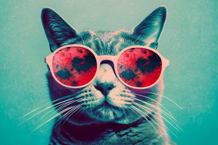 50s Vibes hipster cat portrait, retro halftone style illustration, AI Generatedの素材