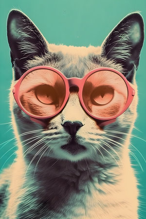 50s Vibes hipster cat portrait, retro halftone style illustration, AI Generatedの素材