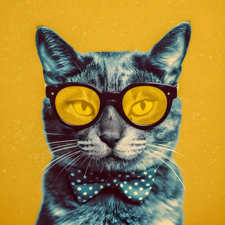 50s Vibes hipster cat portrait, retro halftone style illustration, AI Generatedの素材