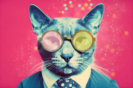 50s Vibes hipster cat portrait, retro halftone style illustration, AI Generatedの素材