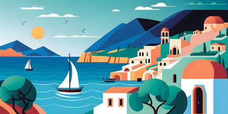 Greece landscape, flat design illustration, traditional, traditional Greek colors, AI Generatedの素材