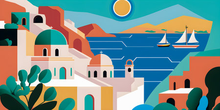 Greece landscape, flat design illustration, traditional, traditional Greek colors, AI Generatedの素材
