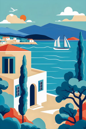 Greece landscape, flat design illustration, traditional, traditional Greek colors, AI Generatedの素材