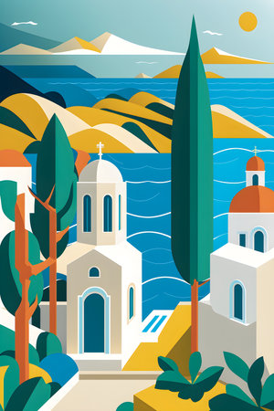 Greece landscape, flat design illustration, traditional, traditional Greek colors, AI Generatedの素材