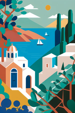Greece landscape, flat design illustration, traditional, traditional Greek colors, AI Generatedの素材