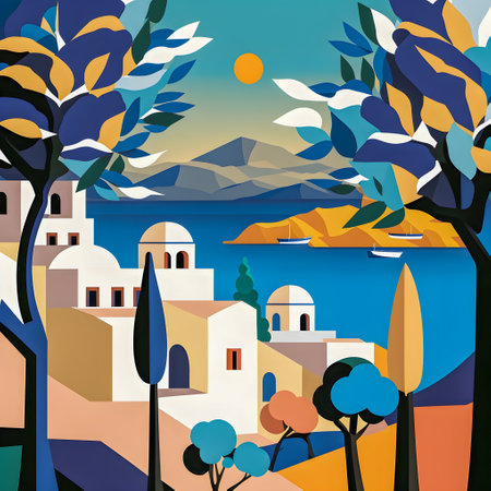 Greece landscape, flat design illustration, traditional, traditional Greek colors, AI Generatedの素材