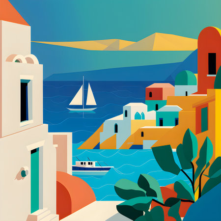 Greece landscape, flat design illustration, traditional, traditional Greek colors, AI Generatedの素材