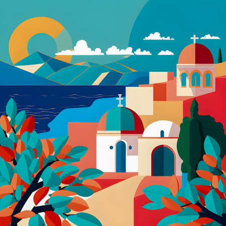 Greece landscape, flat design illustration, traditional, traditional Greek colors, AI Generatedの素材