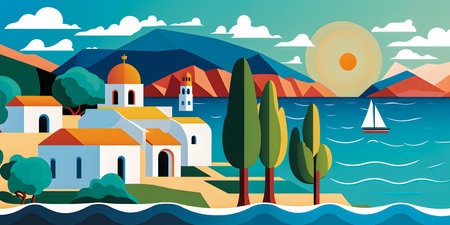 Greece landscape, flat design illustration, traditional, traditional Greek colors, AI Generatedの素材