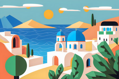 Greece landscape, flat design illustration, traditional, traditional Greek colors, AI Generatedの素材
