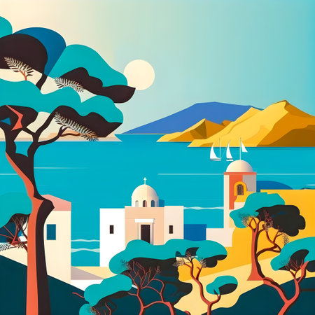 Greece landscape, flat design illustration, traditional, traditional Greek colors, AI Generatedの素材