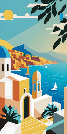 Greece landscape, flat design illustration, traditional, traditional Greek colors, AI Generatedの素材