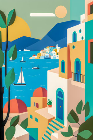 Greece landscape, flat design illustration, traditional, traditional Greek colors, AI Generatedの素材