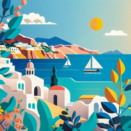 Greece landscape, flat design illustration, traditional, traditional Greek colors, AI Generatedの素材