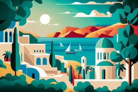 Greece landscape, flat design illustration, traditional, traditional Greek colors, AI Generatedの素材