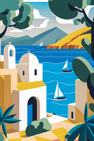 Greece landscape, flat design illustration, traditional, traditional Greek colors, AI Generatedの素材