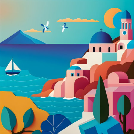 Greece landscape, flat design illustration, traditional, traditional Greek colors, AI Generatedの素材