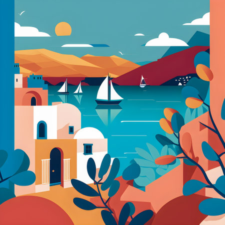 Greece landscape, flat design illustration, traditional, traditional Greek colors, AI Generatedの素材