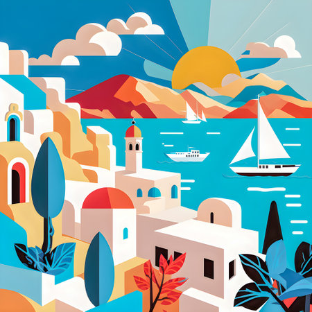 Greece landscape, flat design illustration, traditional, traditional Greek colors, AI Generatedの素材