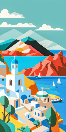Greece landscape, flat design illustration, traditional, traditional Greek colors, AI Generatedの素材