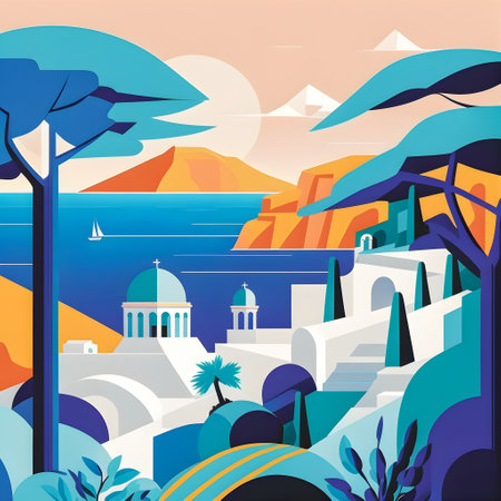 Greece landscape, flat design illustration, traditional, traditional Greek colors, AI Generatedの素材