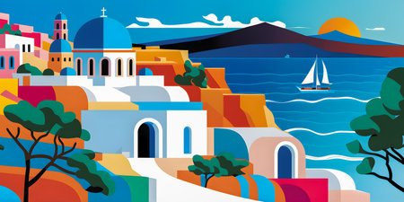 Greece landscape, flat design illustration, traditional, traditional Greek colors, AI Generatedの素材
