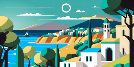 Greece landscape, flat design illustration, traditional, traditional Greek colors, AI Generatedの素材