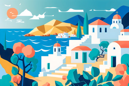 Greece landscape, flat design illustration, traditional, traditional Greek colors, AI Generatedの素材