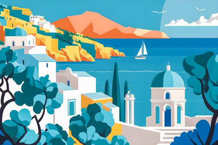 Greece landscape, flat design illustration, traditional, traditional Greek colors, AI Generatedの素材