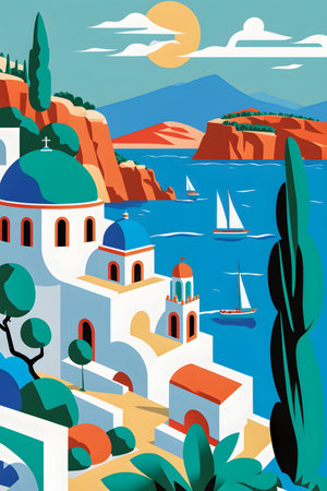 Greece landscape, flat design illustration, traditional, traditional Greek colors, AI Generatedの素材