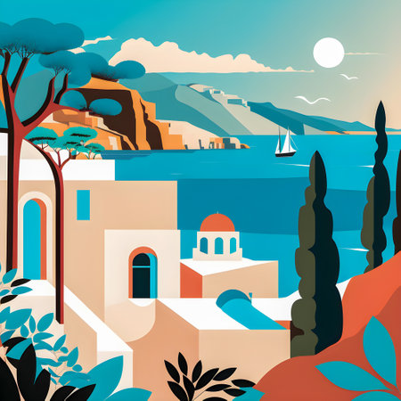 Greece landscape, flat design illustration, traditional, traditional Greek colors, AI Generatedの素材