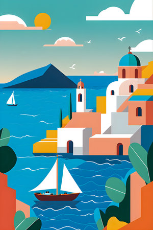 Greece landscape, flat design illustration, traditional, traditional Greek colors, AI Generatedの素材