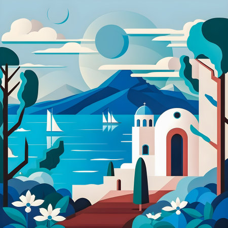 Greece landscape, flat design illustration, traditional, traditional Greek colors, AI Generatedの素材