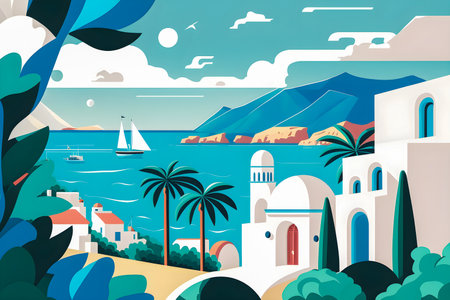 Greece landscape, flat design illustration, traditional, traditional Greek colors, AI Generatedの素材