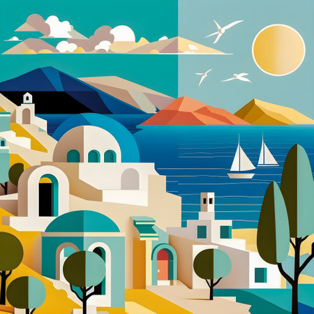 Greece landscape, flat design illustration, traditional, traditional Greek colors, AI Generatedの素材