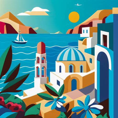 Greece landscape, flat design illustration, traditional, traditional Greek colors, AI Generatedの素材