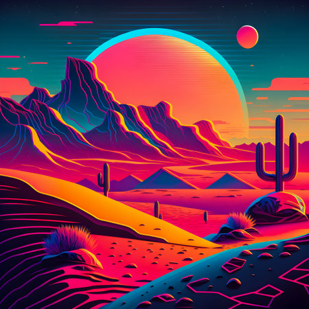 Retrowave Mars landscape, Vintage style illustration, AI Generatedの素材