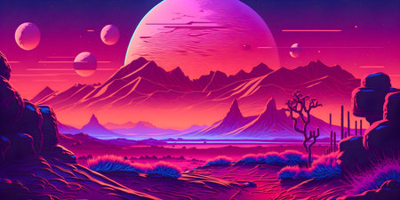 Retrowave Mars landscape, Vintage style illustration, AI Generatedの素材