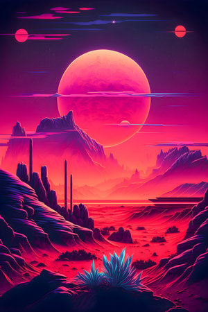 Retrowave Mars landscape, Vintage style illustration, AI Generatedの素材